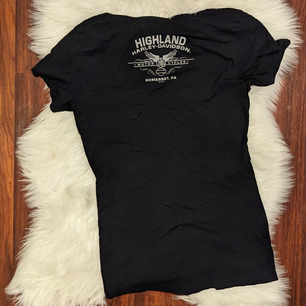 Harley Davidson Bling Rhinestone Orange and Black Bar and Shield Logo T-shirt - Picture 2 of 2